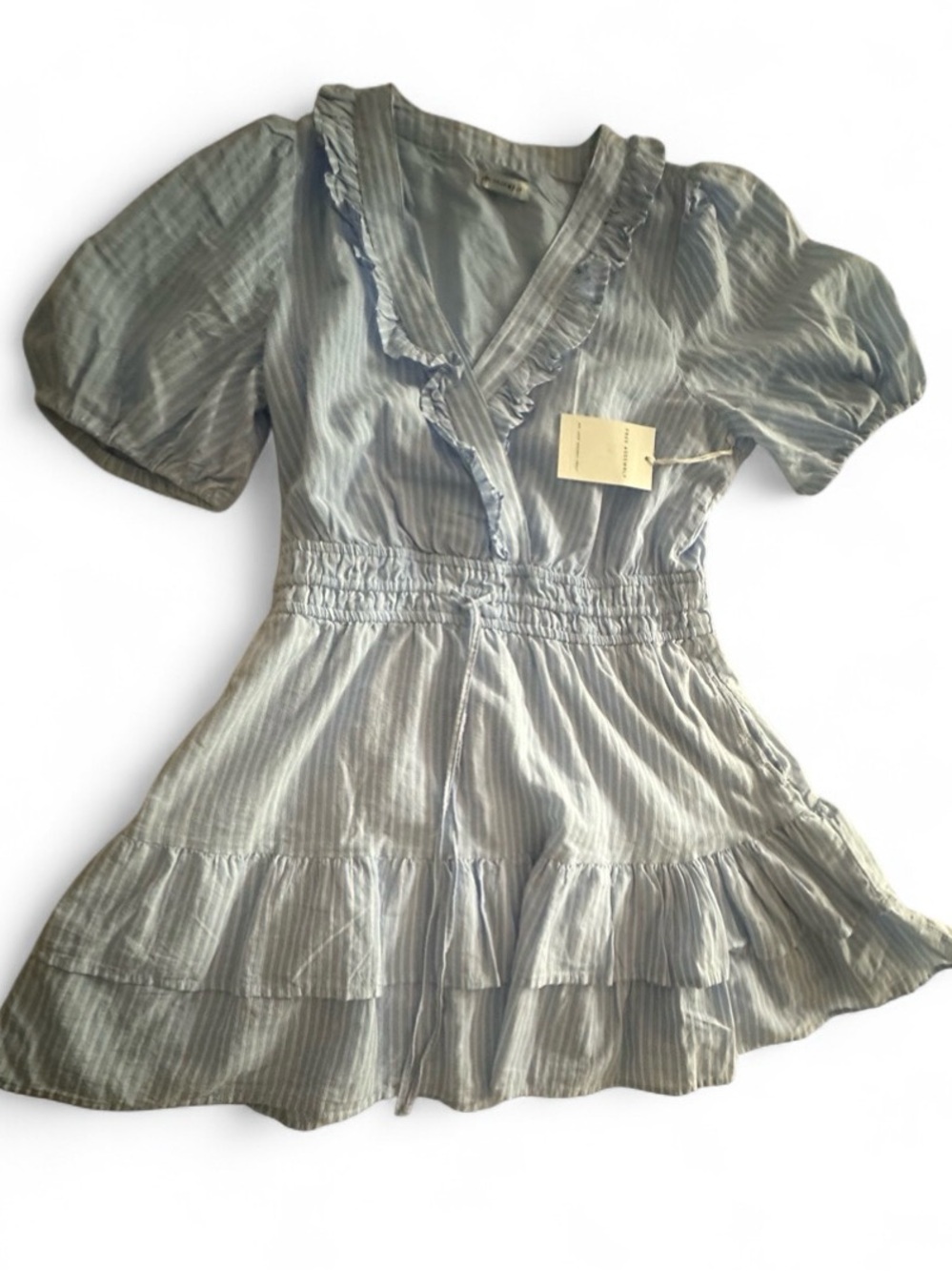 Striped Light Blue Ruffle Mini Dress with Elastic Waist